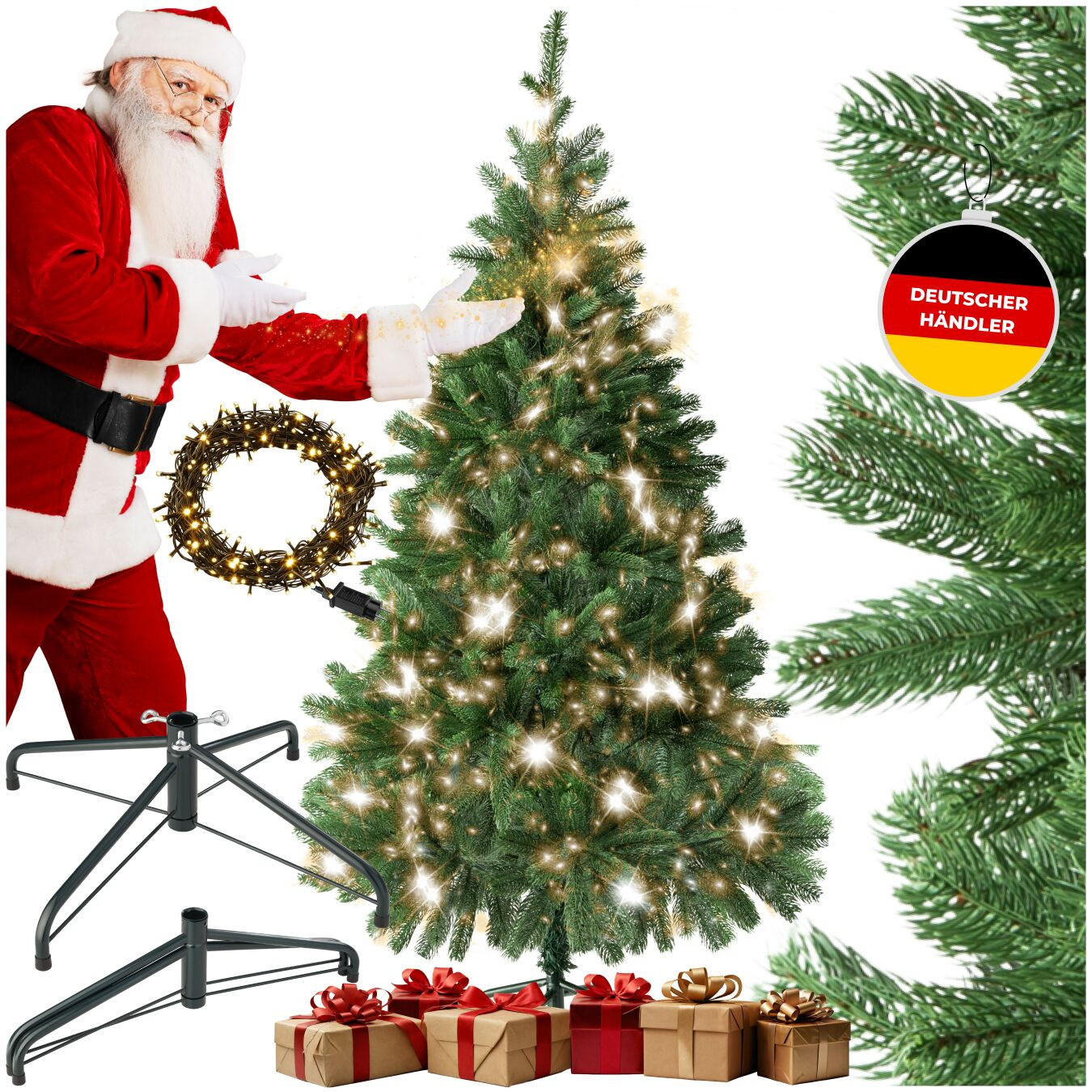SET WEIHNACHTSBAUM MIT LICHTERKETTE ,inklusive Metallständer mit Kunststoffkappen,grün - Grün, Kunststoff (140cm) - tectake