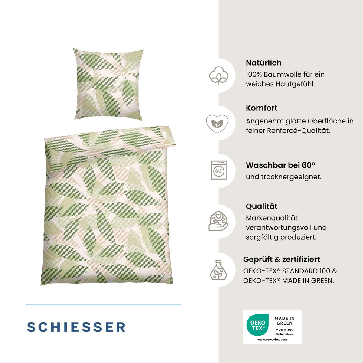 BETTWÄSCHESET Lea - Renforcé - 2-teilig - 135 x 200 cm - Grün - Grün, Textil (135/200cm) - SCHIESSER