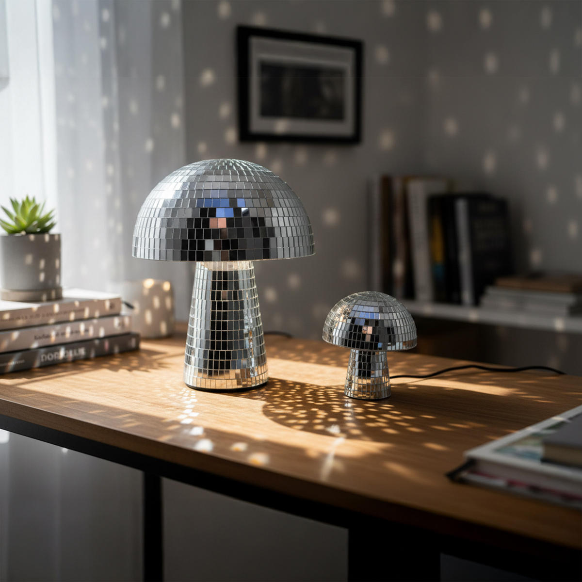 2TLG.DISCOPILZ-SET - Silberfarben, Glas/Textil (21/25/21cm) - Relaxdays