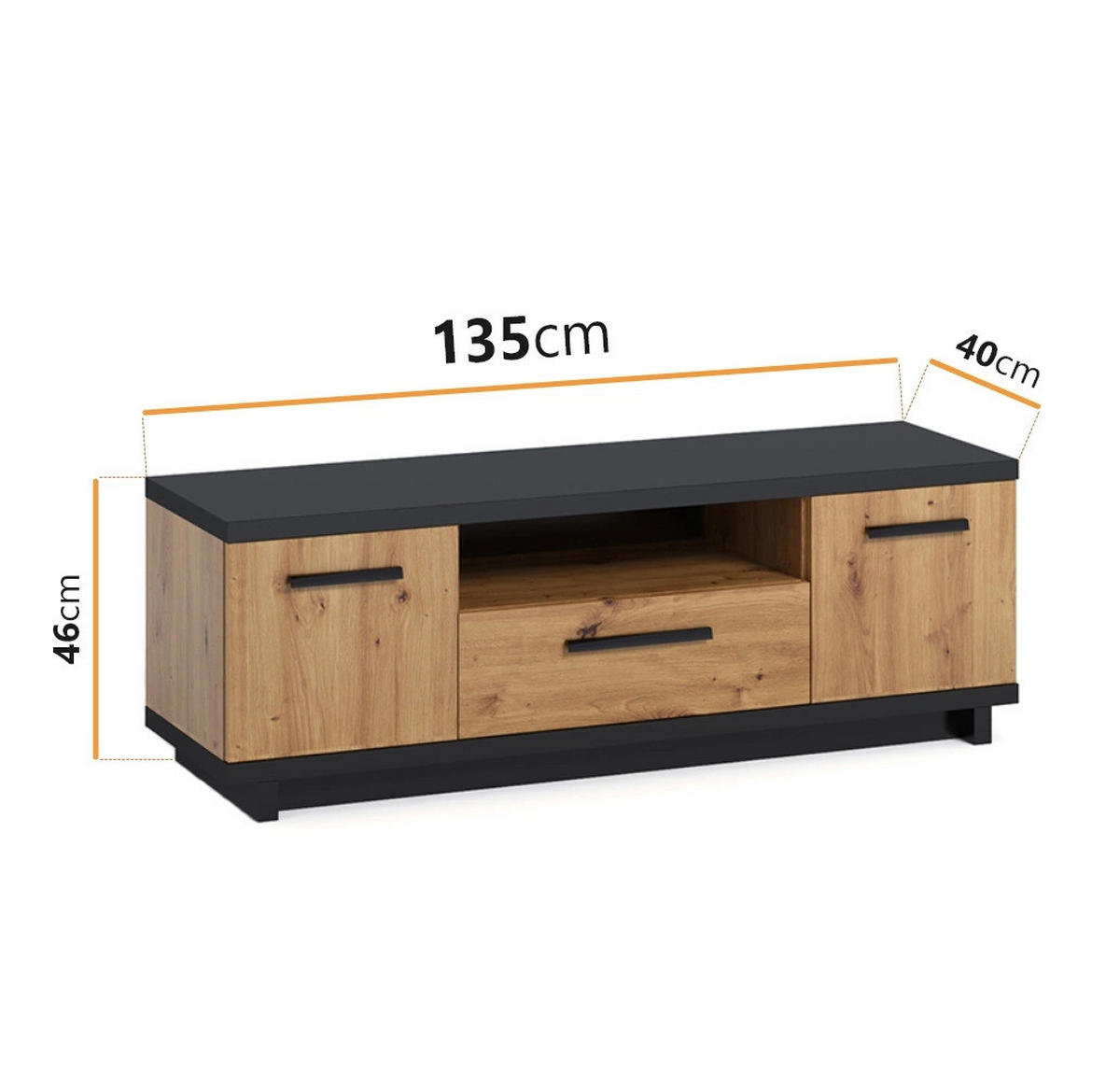 TV-LOWBORAD Zonda 135/46/40 2-türig - Schwarz/Eiche Artisan, Holzwerkstoff/Kunststoff (135/90/40cm) - Ravio