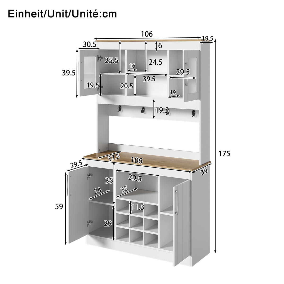 BUFFET Weiß Naturfarben 106/39/175 cm Glastüren Weinregal - Naturfarben, Holz (106/175/39cm) - PANGIVO