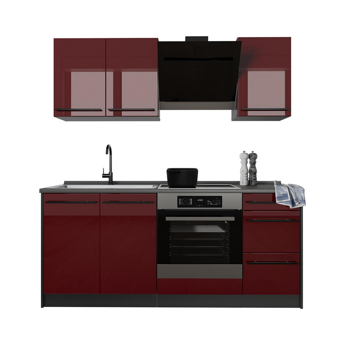 SINGLEKÜCHE R-Line, Rot Hochglanz/Anthrazit, 180 cm Arbeitsplatte Marmor - Anthrazit/Rot, Holzwerkstoff (180/206.8/60cm) - Vicco