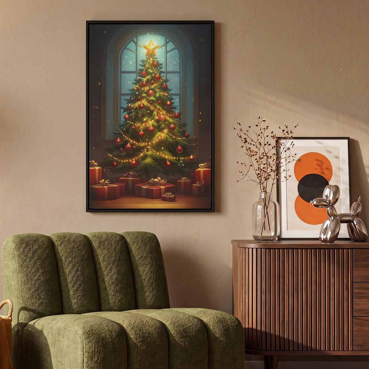 LEINWAND Bilder mit Rahmen - Weihnachtsbaum - Geschenk - Winter - 60x90 - Grün, Textil (60/90cm) - MuchoWow