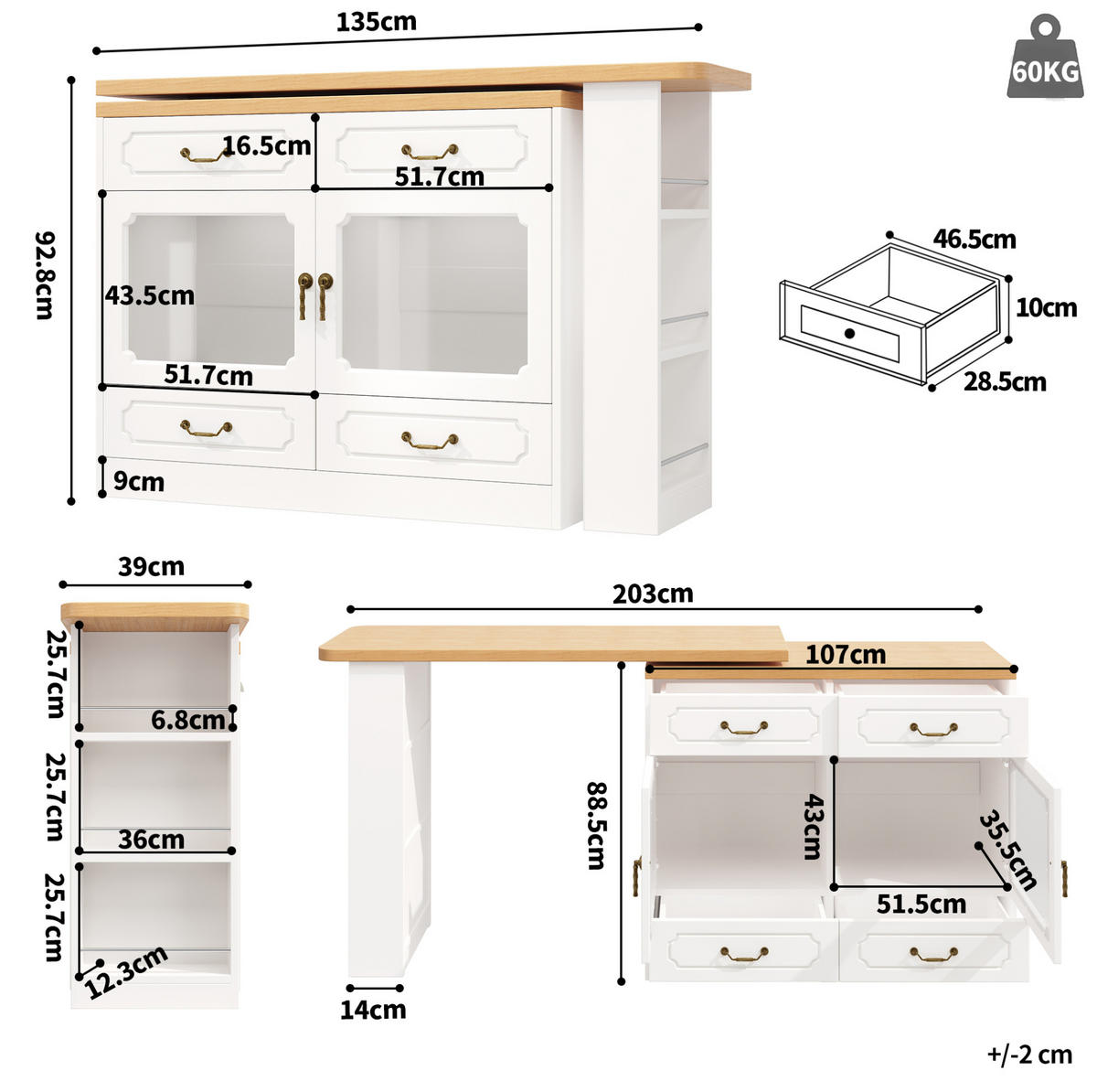 KÜCHENINSEL aus MDF 135-203x39x92,8cm in Weiß mit LED - Weiß, Holzwerkstoff (39/92.8/203cm) - Modfu