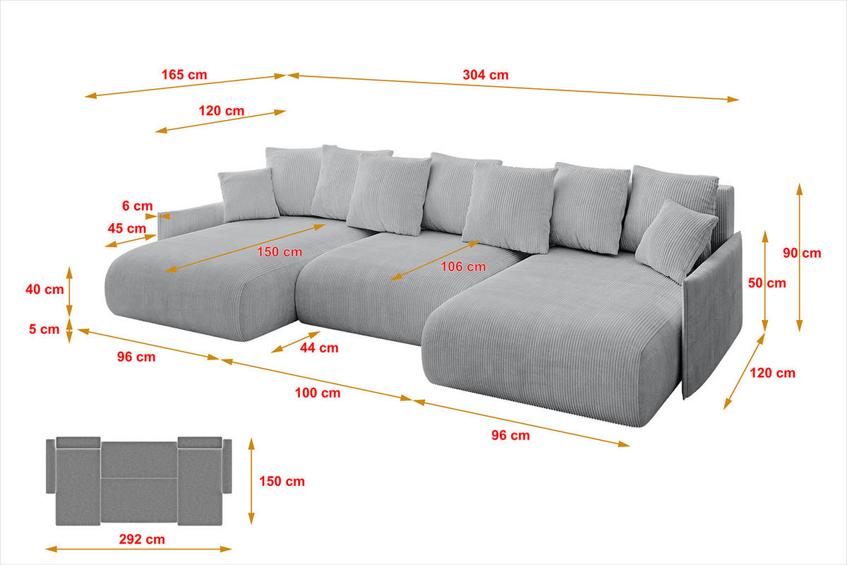 WOHNLANDSCHAFT mit Schlaffunktion und Bettkasten ONESK-U-v1 304x165x40 Grau Cord - Grau, Holzwerkstoff/Kunststoff (304/90/165cm) - ALTDECOR