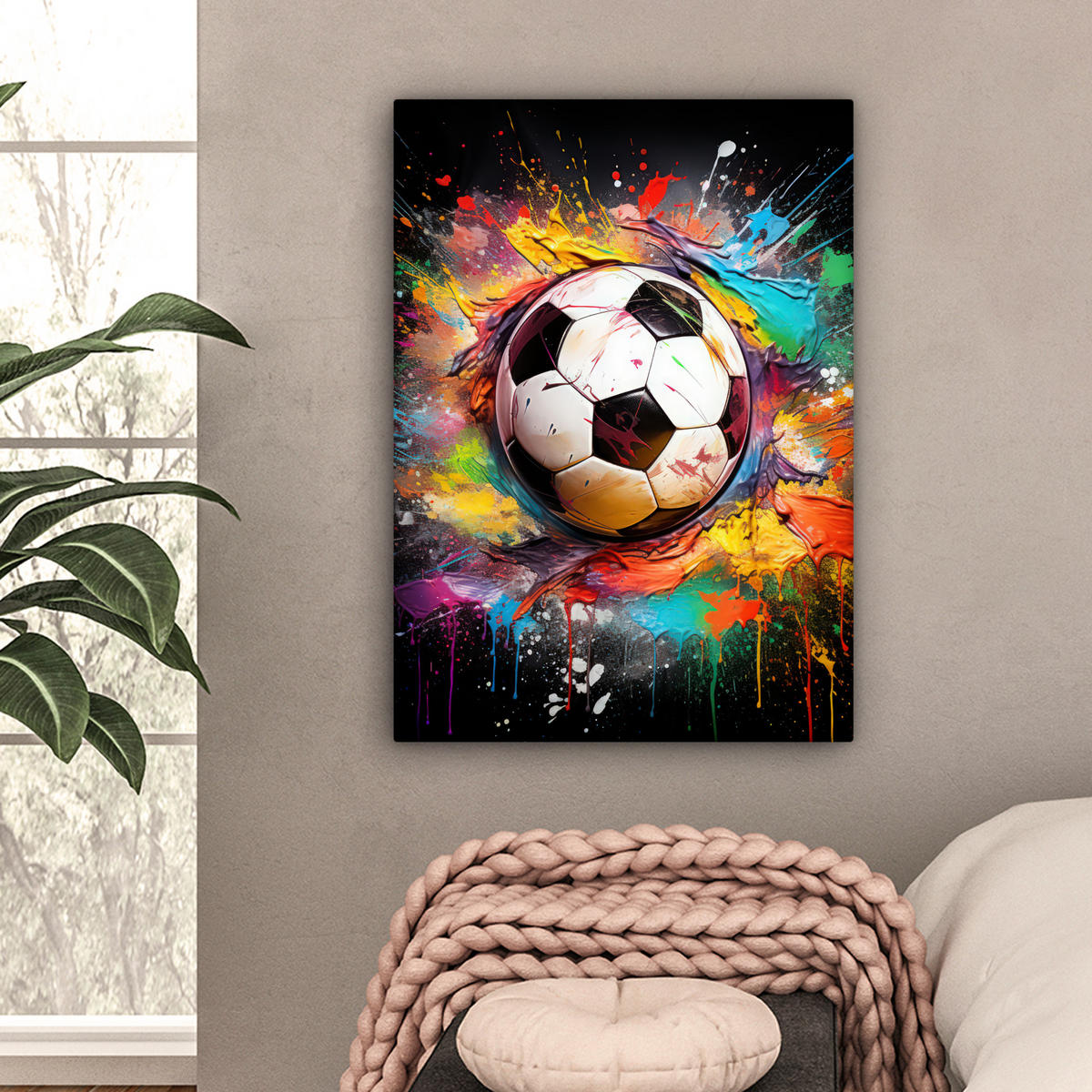 LEINWANDBILD Fußball - Farbe - Farben - Schwarz - Weiß Wandbild Wohnzimmer 60x80 cm - Weiß, Textil (60/80cm) - MuchoWow