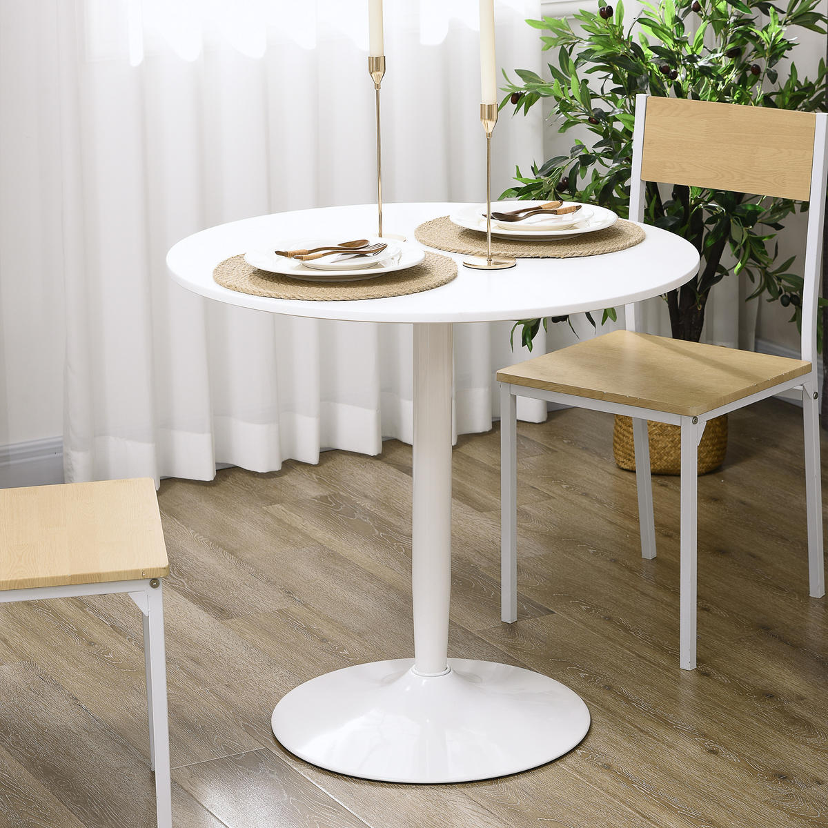 ESSTISCH Runder Küchentisch, Rutschfester Esszimmertisch für 2 Personen Weiß - Weiß, Holzwerkstoff/Metall (80/80/75cm) - HOMCOM