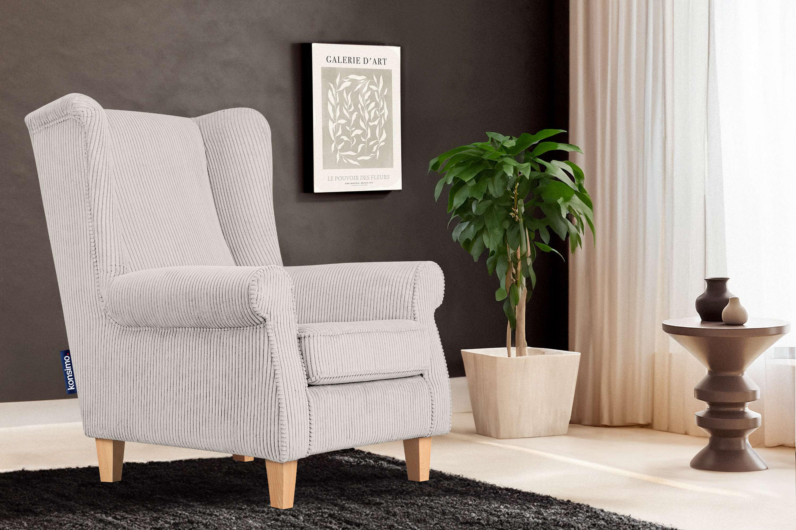 OHRENSESSEL MILES Kord-Bezug Petfriendly, beige - Beige, Holzwerkstoff/Buchenholz (82/105/97cm) - KONSIMO®