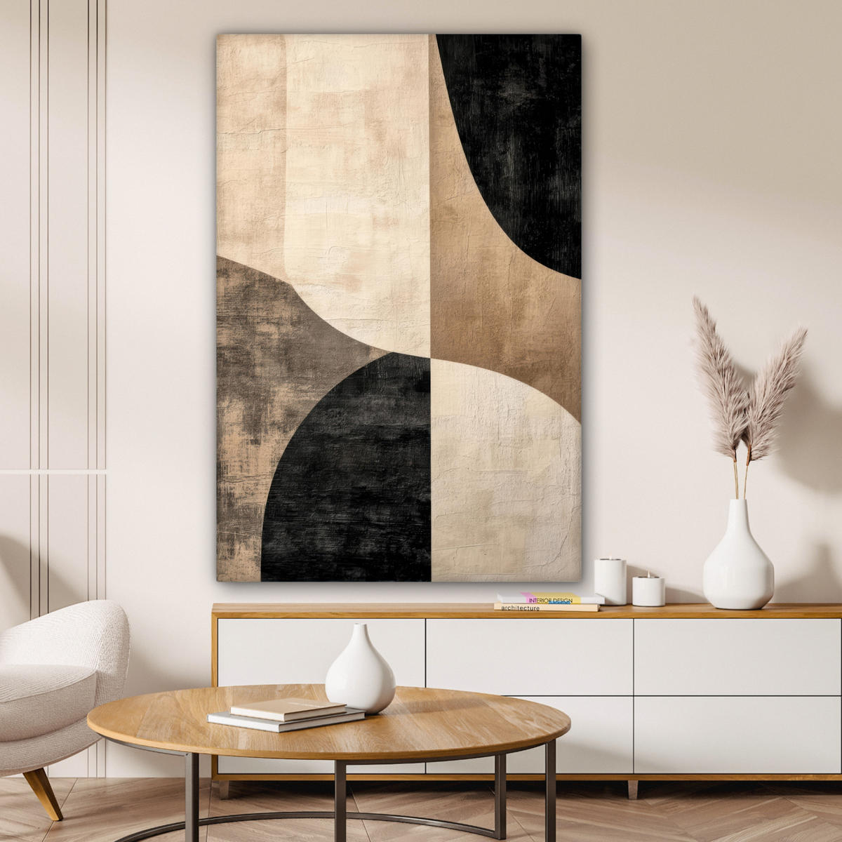 LEINWANDBILD Abstrakt - Flugzeuge - Schwarz - Rund Deko XXL 80x120 cm - Beige, Textil (80/120cm) - MuchoWow