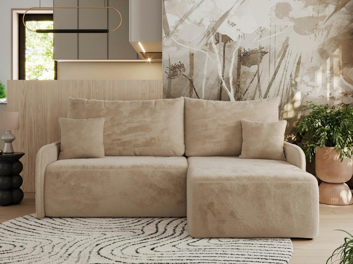 ECKSCHLAFSOFA ARPA L Beige Plüsch - rechts - Beige/Schwarz, Kunststoff/Textil (150/198cm) - MKS