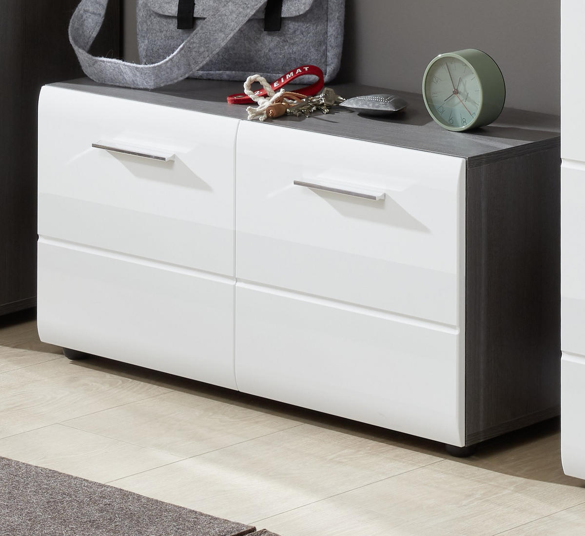 GARDEROBENBANK Hochglanz weiß, Sardegna grau 80 x 41 cm, Schuhbank mit Türen - Weiß Hochglanz/Silberfarben, Holzwerkstoff/Kunststoff (80/35/41cm) - Top.Furn
