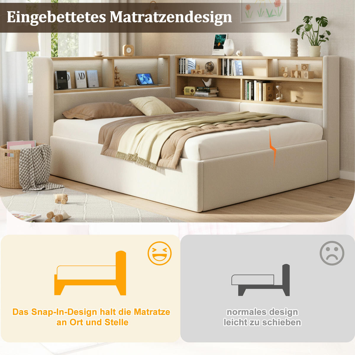 POLSTERBETT 140/190 cm in Beige Samt mit Bettkasten, LED und USB/Type-C - Beige, Holzwerkstoff/Textil (140/190cm) - WISHDOR