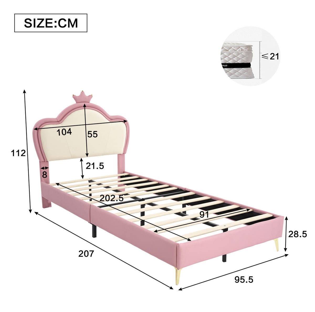 POLSTERBETT 90/200 cm Rosa/Weiß aus PU mit Kronen-Kopfteil - Weiß, Kunststoff (90/200cm) - OKMYHOME
