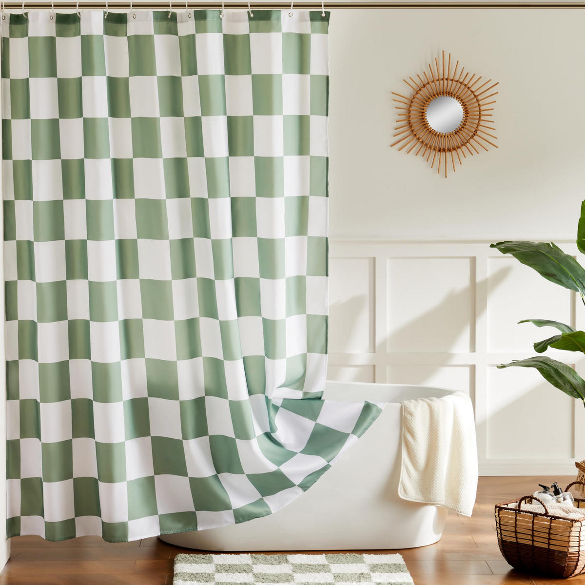 DUSCHVORHANG Grün kariert Schachbrettmuster Retro maschinenwaschbar fürs Badezimmer - Grün, Textil (180/180cm) - MCBOSON