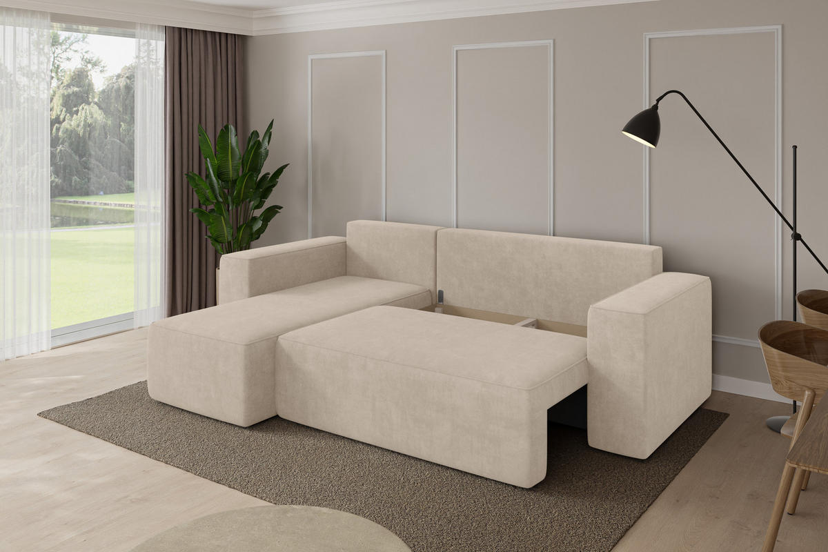 ROHOVÁ SEDAČKA s funkcí spaní, otoman vlevo SENO-L 249x139x85 béžová velur - černá/Sahara, kompozitní dřevo/textil (249/139cm) - ALTDECOR