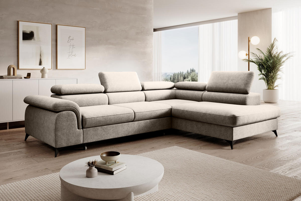 ECKSOFA PLAZA L Rechts mit Schlaffunktion 125x195 Velours Beige - Beige/Schwarz, Holz/Kunststoff (275/205cm) - Muffo