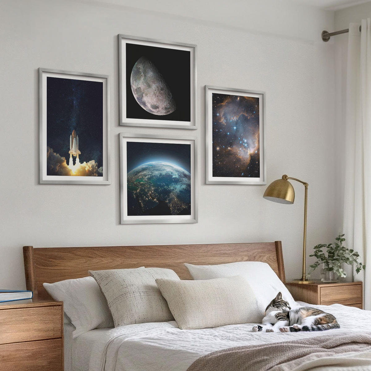 BILDER SET 4er Set - 50x50 cm & 40x60 cm Silberner Rahmen - Weltraum Erde Rakete Galaxie - Silberfarben, Kunststoff (50/50cm) - TULUP
