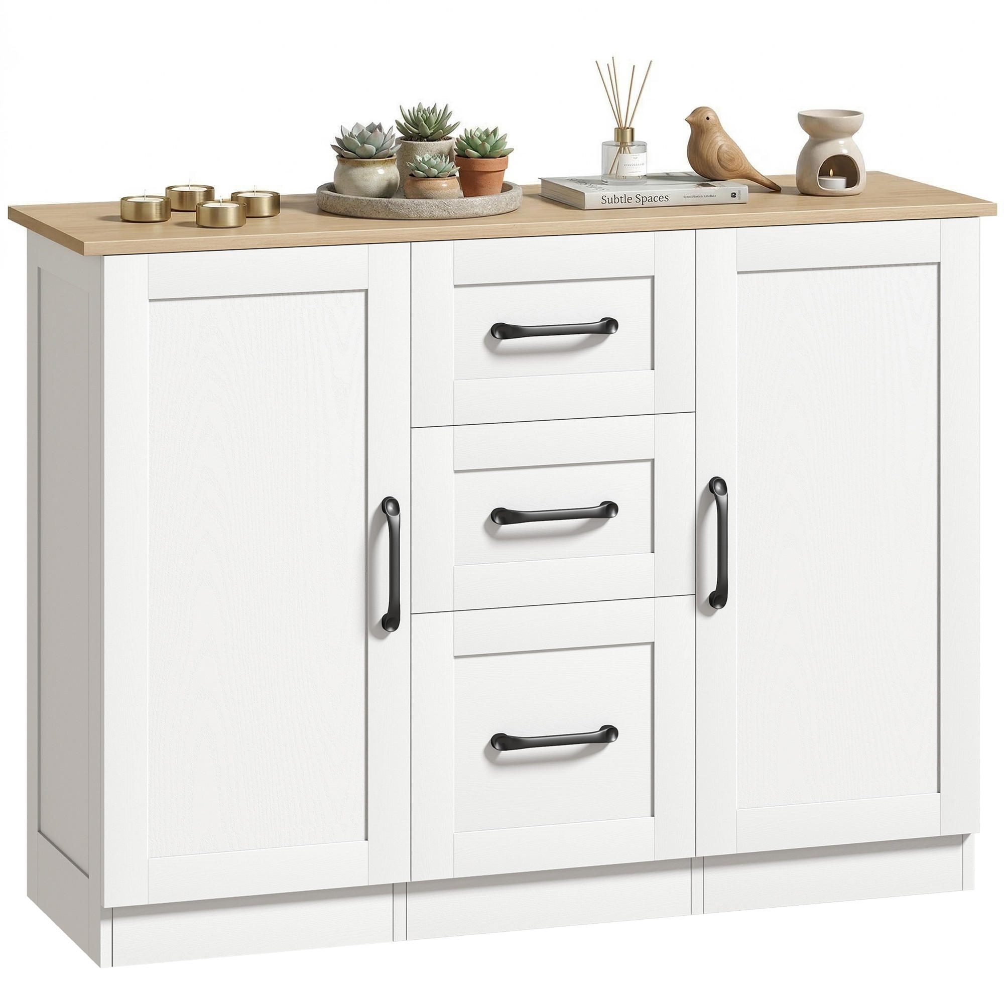 SIDEBOARD Weiß und Naturfarben, 2 Türen, 3 Schubladen, 110/35/80,4 cm - Weiß, Holz (110/80.4/35cm) - PANGIVO