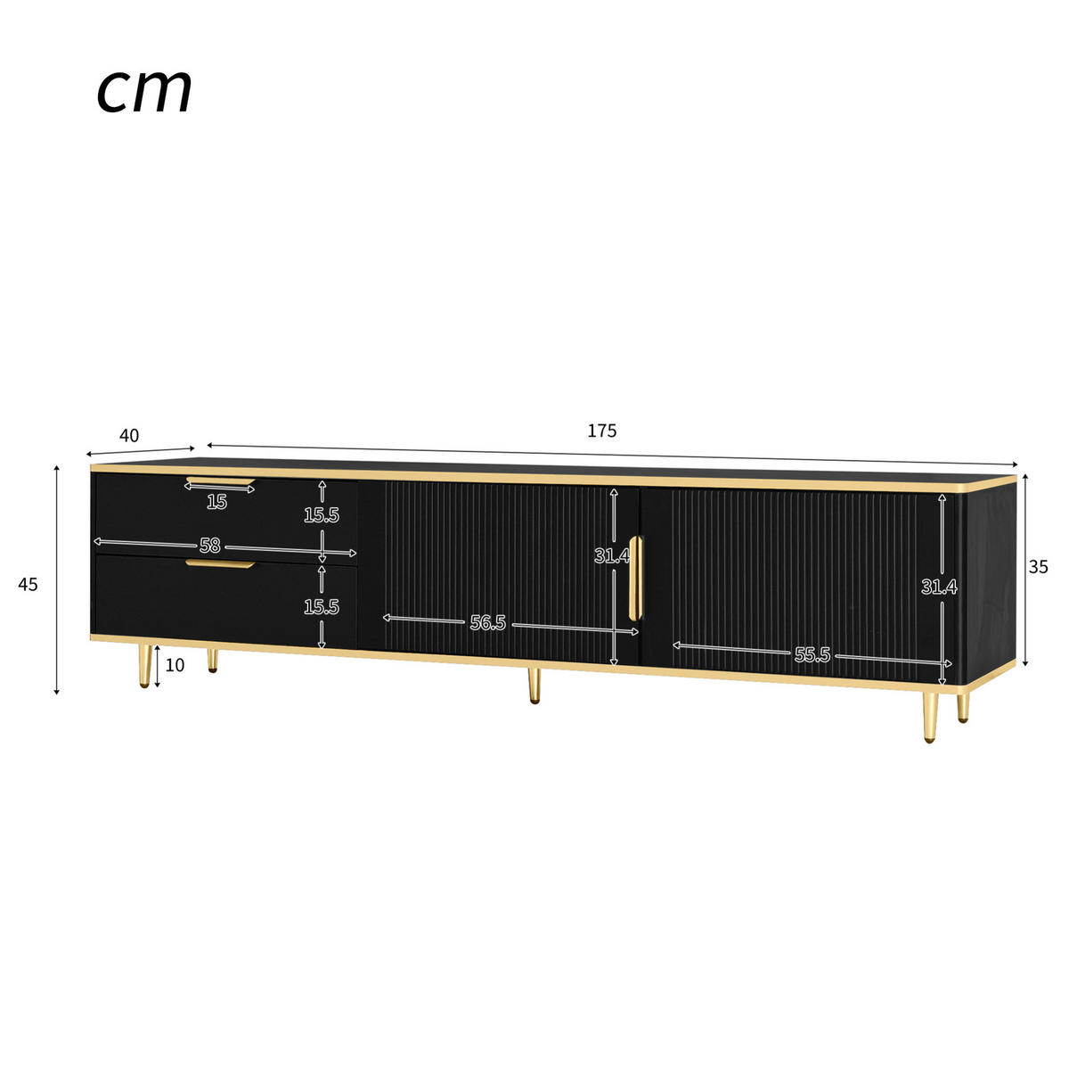 TV-LOWBOARD in Schwarz mit Golddetails, 2 Schubladen und 2 Türen 170/37/45 cm - Schwarz, Holzwerkstoff (170/45/37cm) - Redom
