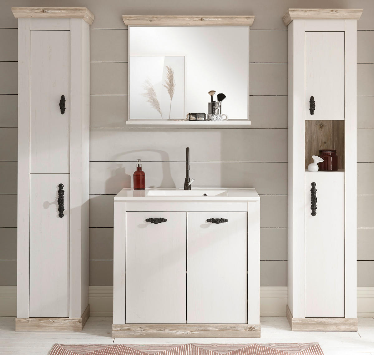 BADKOMBINATION Pinie weiß, Oslo Pinie, Landhaus Badmöbel Set 5-tlg. MIT Waschbecken 205 x 200 cm - Anthrazit/Weiß, Holzwerkstoff/Metall (205/200/46cm) - Furn.Design