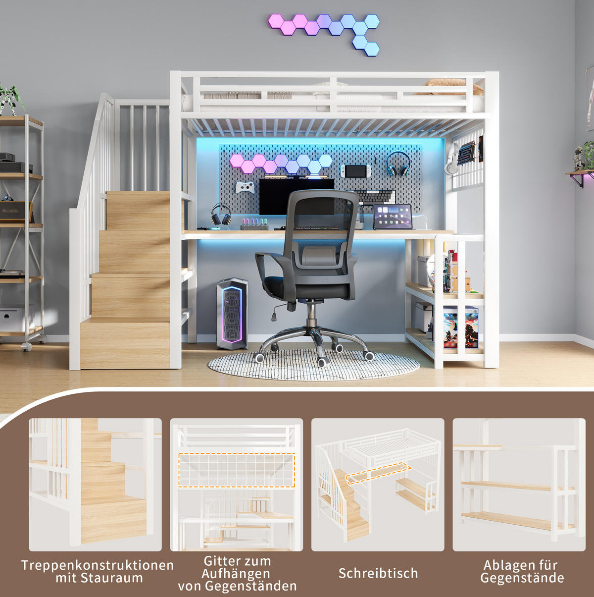 HOCHBETT 90/200 cm Weiß mit Schreibtisch, Regal und LED-Lichtleiste - Weiß, Metall (90/200cm) - MIVRAY