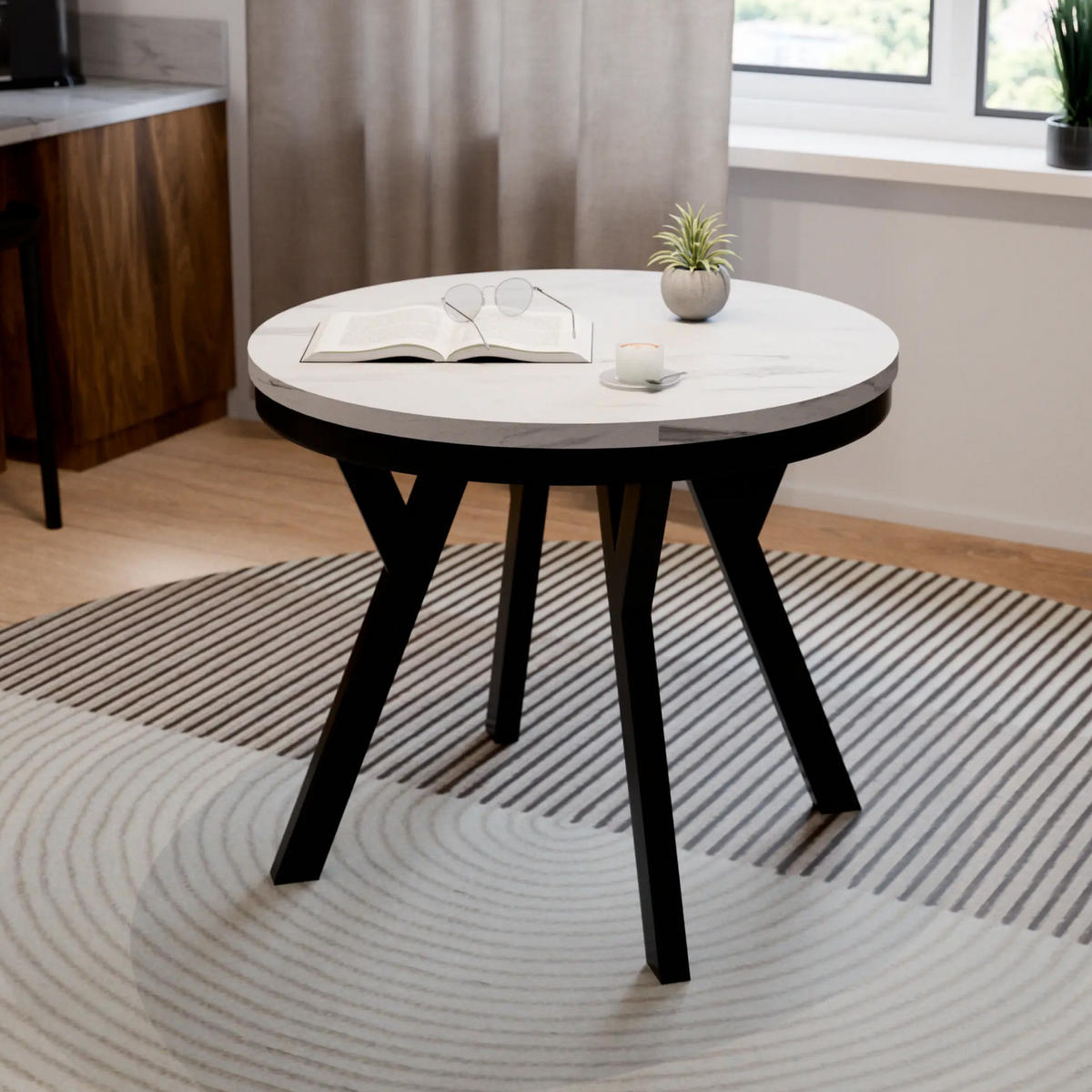 ESSTISCH ARI Rund (90-190 cm Ausziehbar Marmor Bianco Weiß Glamour Metallbeine) - Hellgrau/Schwarz, Holz/Holzwerkstoff (90/90/76cm) - Ravio