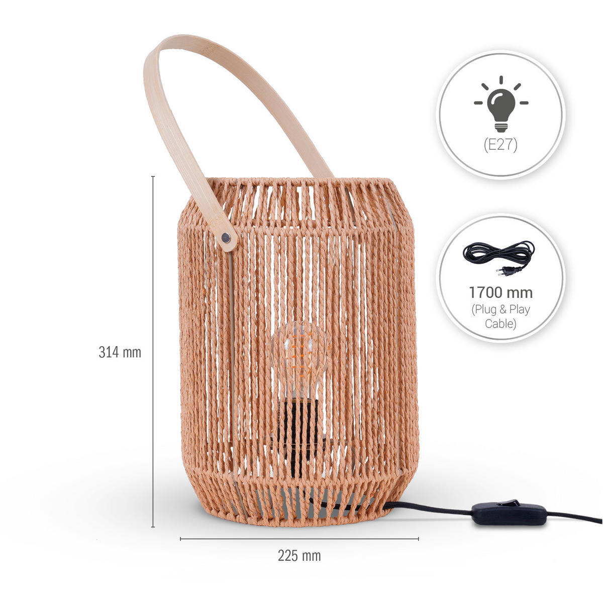 TISCHLAMPE Nando Tl - Naturfarben, Holz (22.5/22.5/31.4cm) - Paco Home