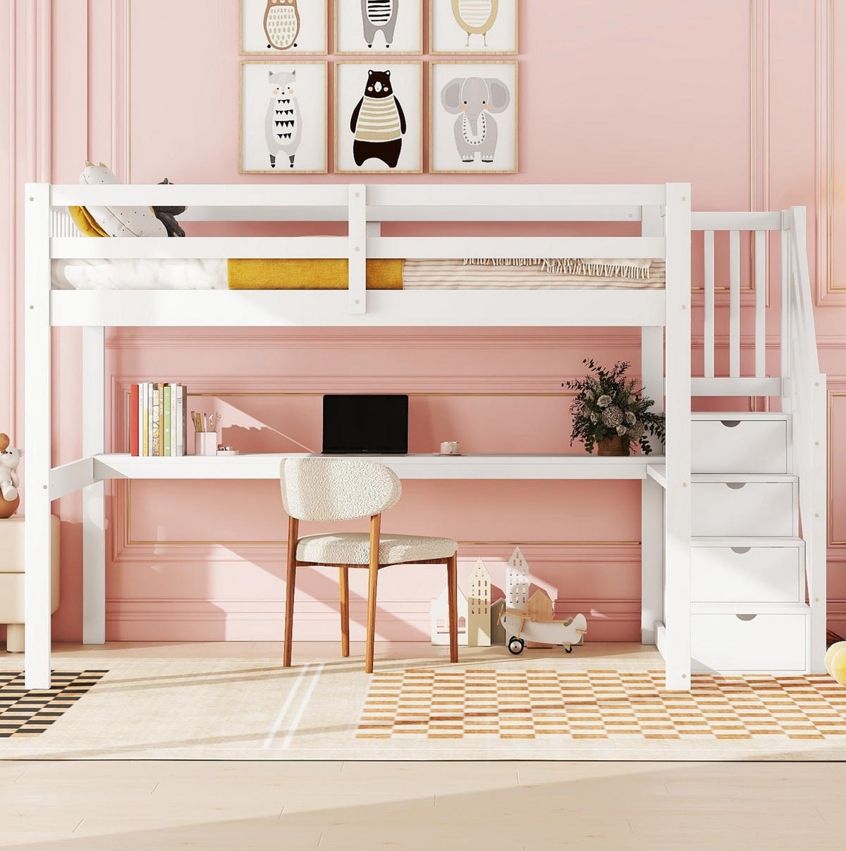 VISOKA postelja 140/200 cm bela s pisalno mizo in predali iz bora in MDF - bela, les (140/200cm) - OKWISH