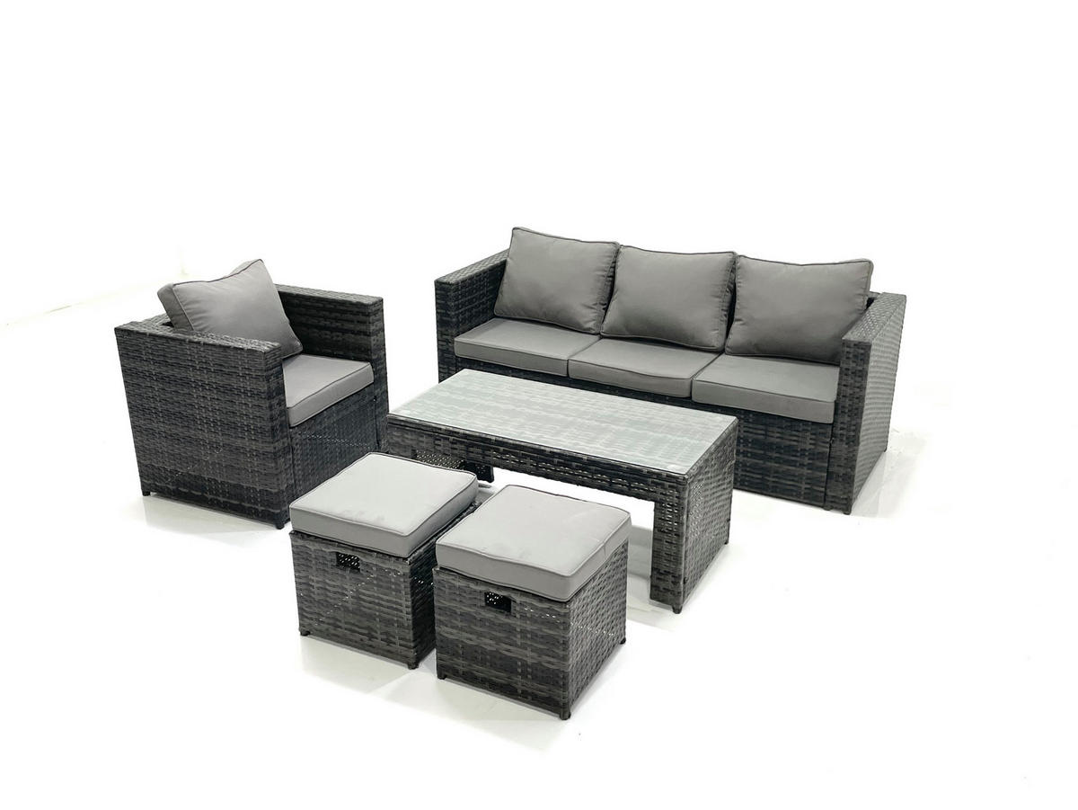 GARTENMÖBEL-SET COUCHTISCH SESSEL SOFA mit HOCKER Polyrattan Dunkelgrau Gemischt 6-Sitzer - Dunkelgrau/Grau, Glas/Kunststoff - Fimous