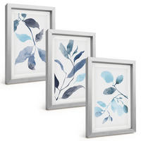 BILDER SET 3er Set - 20x30 cm Silberner Rahmen - Aquarell von blauen Blättern - Silberfarben, Kunststoff (20/30cm) - TULUP