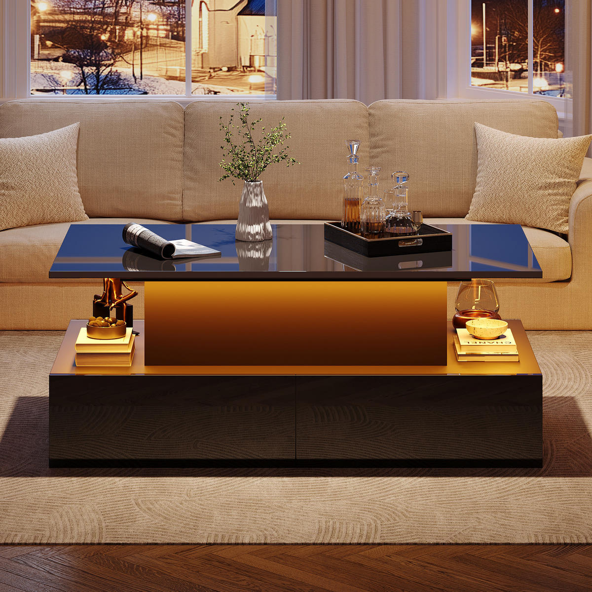 COUCHTISCH mit LED und 4 Schubladen 90 x 55 x 41 cm Schwarz Hochglanz - Schwarz, Holzwerkstoff (90/55/41cm) - Meubliv