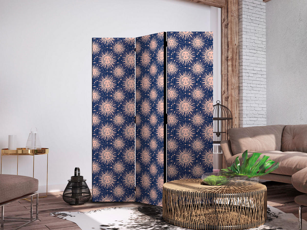 PARAVENT Beidseitig Bedruckter 3-tlg 135x172 cm Sonnen im Boho Stil - Blau, Holz/Textil (135/172/3cm) - Muralo