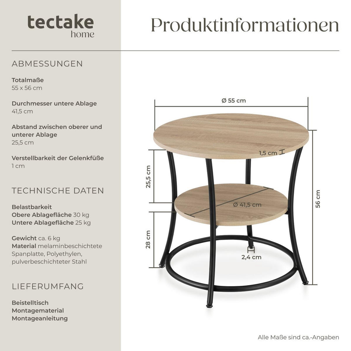 BEISTELLTISCH Saint Louis,55 x 56 cm,Industrial Holz hell, Eiche Sonoma - Naturfarben, Holzwerkstoff (55/55/56cm) - tectake
