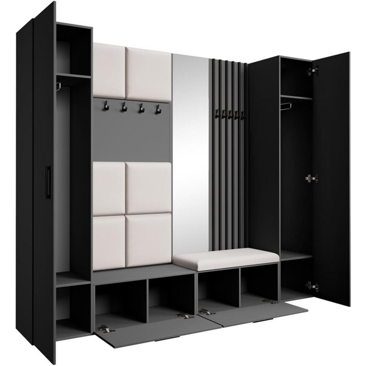 GARDEROBE Margaret XL 242/203/43 mit gepolsterten Paneelen/Lamellen/Spiegel - Beige/Schwarz, Holzwerkstoff/Kunststoff (242/203/43cm) - Beautysofa