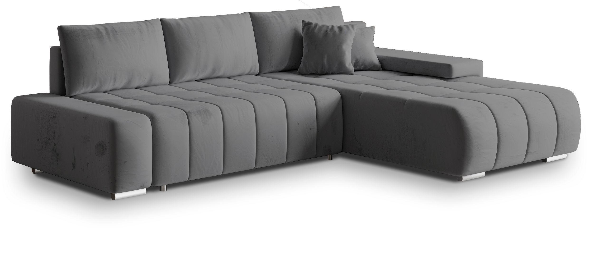 ECKSOFA ALESE R-S Grau Velours-Stoff mit Schlaffunktion - Grau, Holz (265/185cm) - MASSENO