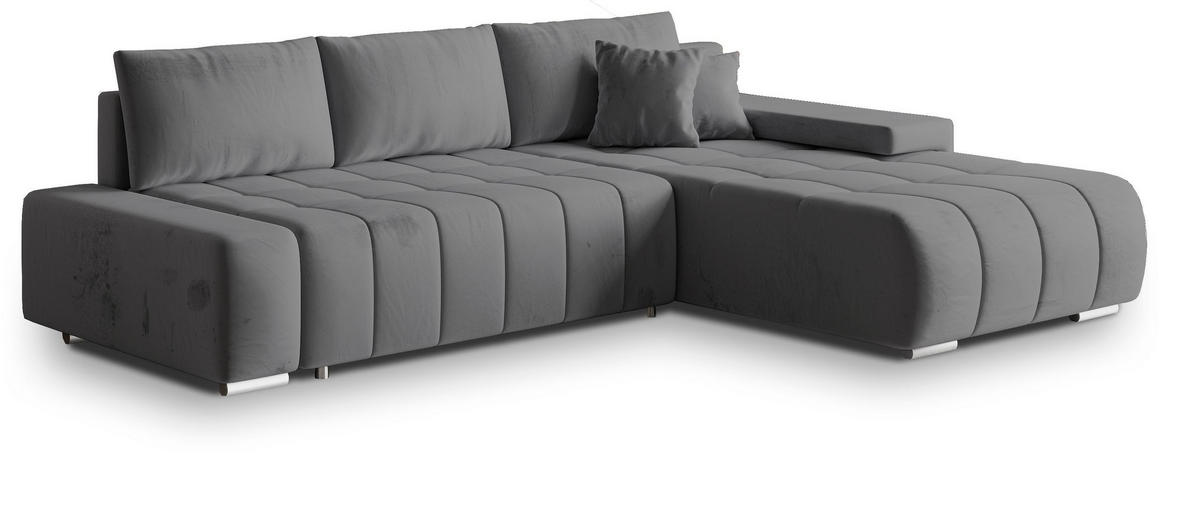 ECKSOFA ALESE R-S Grau Velours-Stoff mit Schlaffunktion - Grau, Holz (265/185cm) - MASSENO