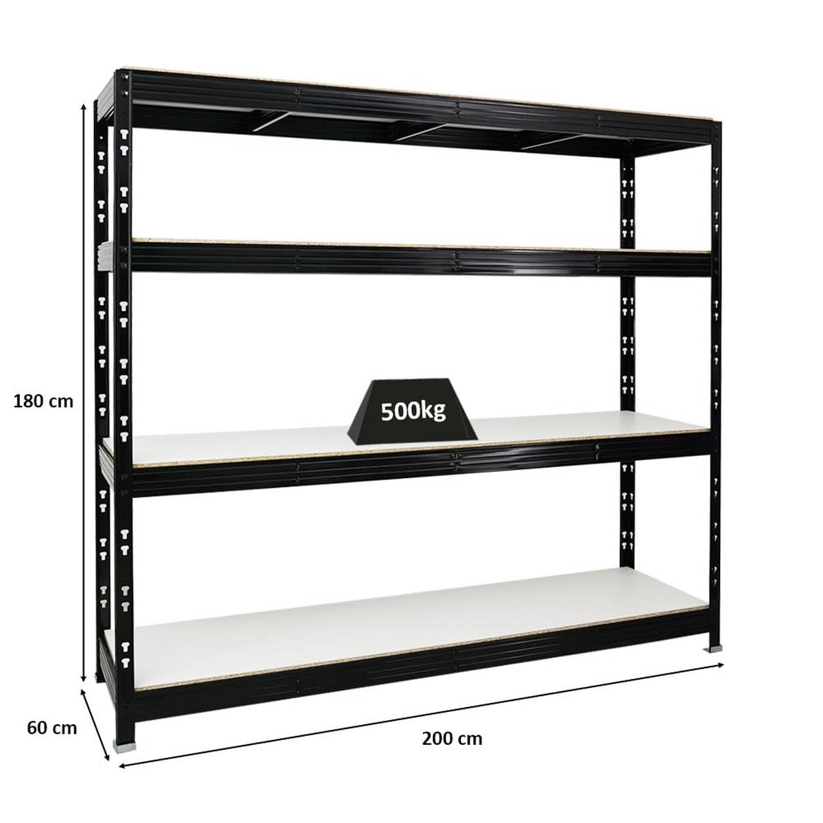 SCHWERLASTREGAL Rhino 180x200x60 cm 4 Melamin-Ebenen 16mm Fachlast 500 kg Schwarz - Schwarz/Weiß, Metall (200/180/60cm) - PROREGAL