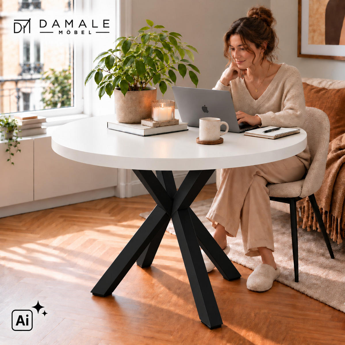 ESSTISCH rund ausziehbar 110/210/76 cm, Weiß, 54 cm Tischplatte + X Metallbeine Schwarz - Schwarz/Weiß, Holzwerkstoff/Metall (110/210/76cm) - Damale Möbel