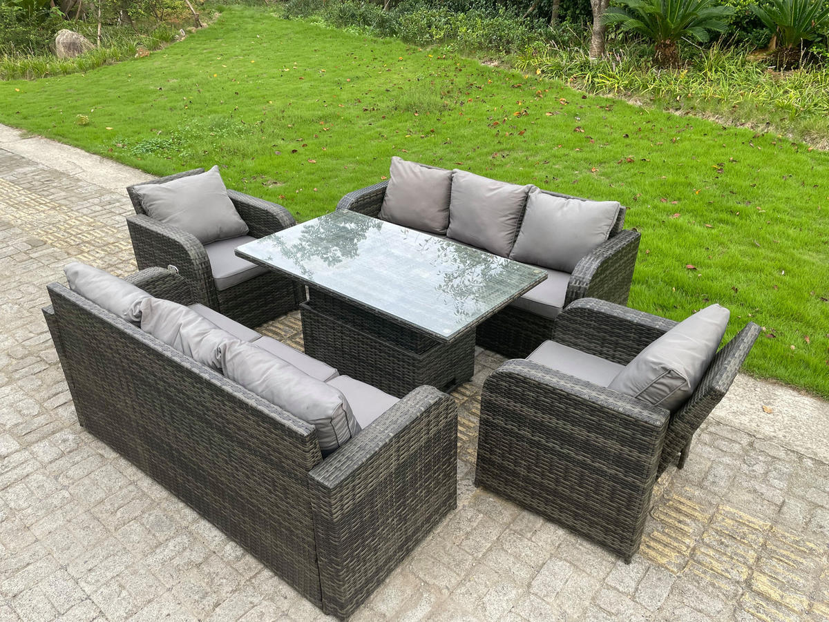 GARTENSOFA Hohe Rückenlehne Polyrattan 8-Sitzer - Dunkelgrau/Grau, Glas/Kunststoff - Fimous