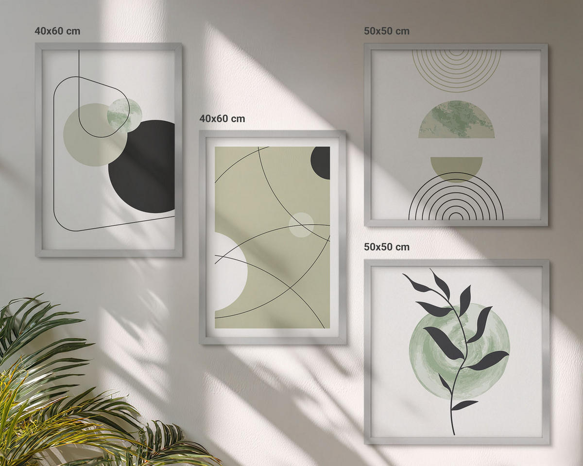 WANDBILDER 4er Set - 50x50 cm & 40x60 cm Silberner Rahmen - Abstrakte Formen und Farben - Silberfarben, Kunststoff (50/50cm) - ArtPrintCave