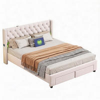 POLSTERBETT 160x200 mit LED und USB, Stauraum, Lattenrost und 2 Schubladen, in cremeweißem Samt - Ecru, Holz/Textil (160/200cm) - GENKI LIVING