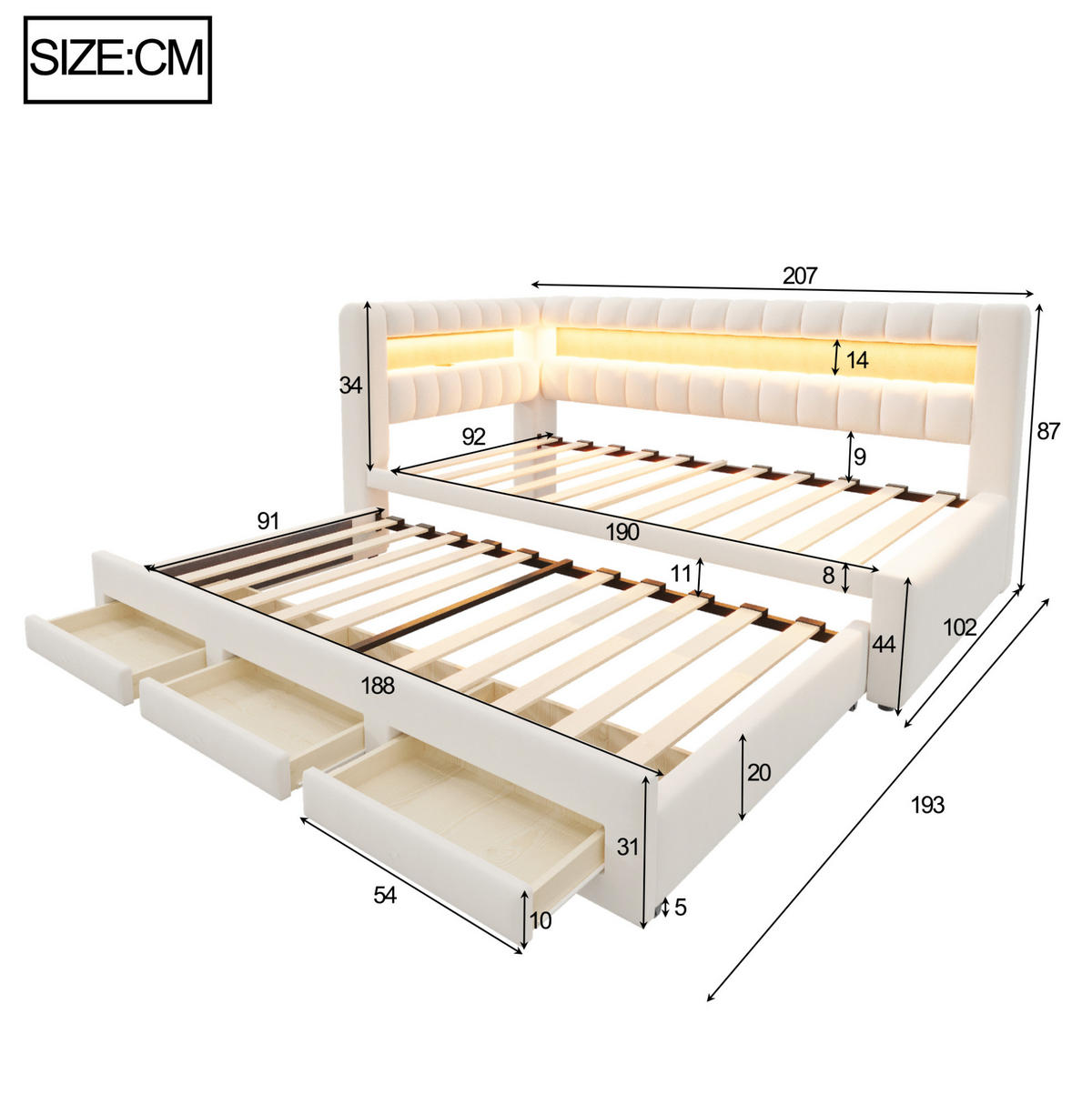 POLSTERBETT Schlafsofa aus Samt 90x190 cm Beige mit Ausziehbett, Stauraum, LED-Beleuchtung und USB-/Typ-C-Anschluss - Beige, Textil (90/190cm) - Modfu