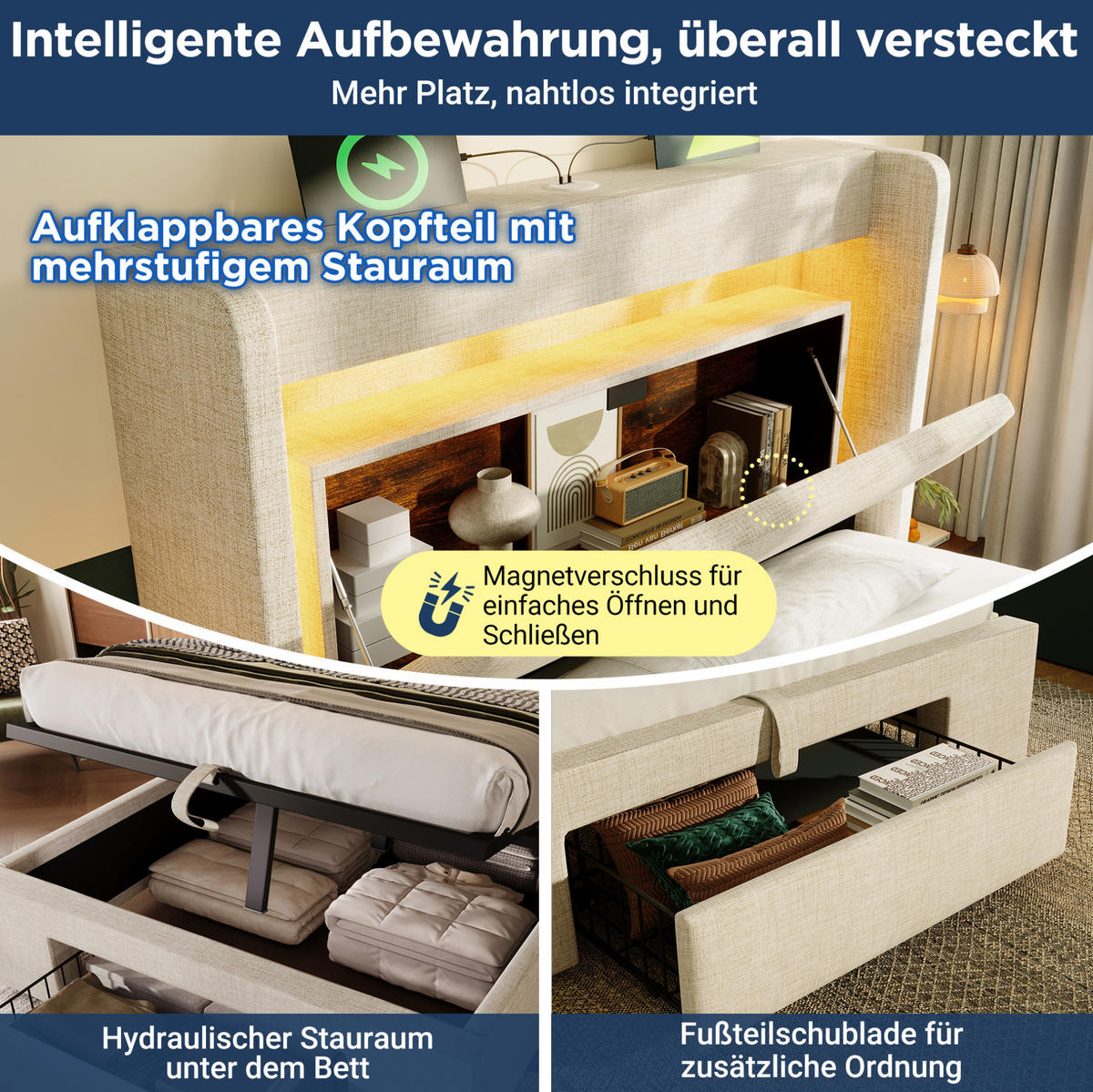 POLSTERBETT 90/200 cm Beige mit Stauraum, LED-Beleuchtung und USB- und Type-C-Anschlüssen - Beige, Textil (90/200cm) - Flora Grace