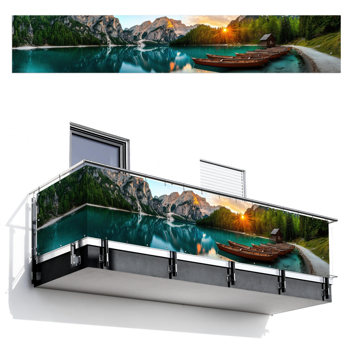 BALKON-SICHTSCHUTZ See - Berge - Sonnenuntergang - Boot - Petrol, Kunststoff (500/90cm) - MuchoWow