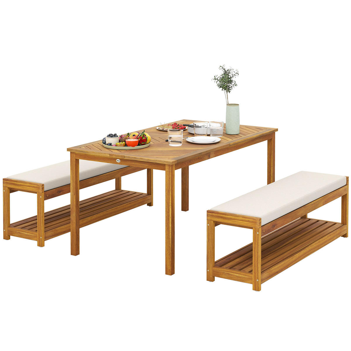 GARTENMÖBEL-SET 3-teilig DE-09824 mit Schirmloch und 2 Bänken Teak - Teakfarben, Holz - ComfortXL