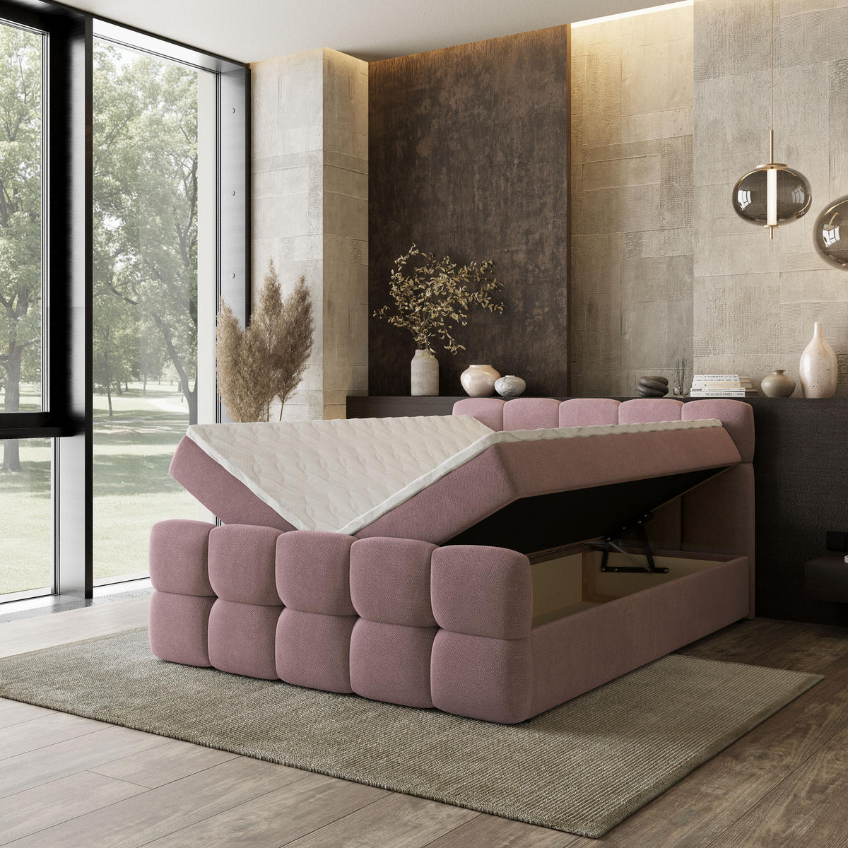 BOXBETT BRUME 160x200 cm mit Matratze und Topper, H2+H3 - Rosa - Rosa, Holz (160/200cm) - MASSENO
