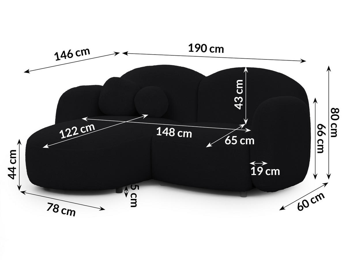 ECKSOFA Nuvola mit abgerundetem Design Schwarz Bouclé-Stoff - Ottomane Links - Schwarz, Holz/Kunststoff (190/146cm) - S-Style Möbel