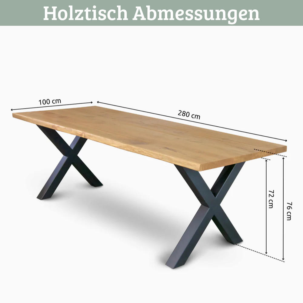ESSTISCH Massivholz mit Baumkante RAGNAR 280x100 cm Eichenholz X-Hora Gestell - Braun, Holz/Metall (100/280/76cm) - DELUKE