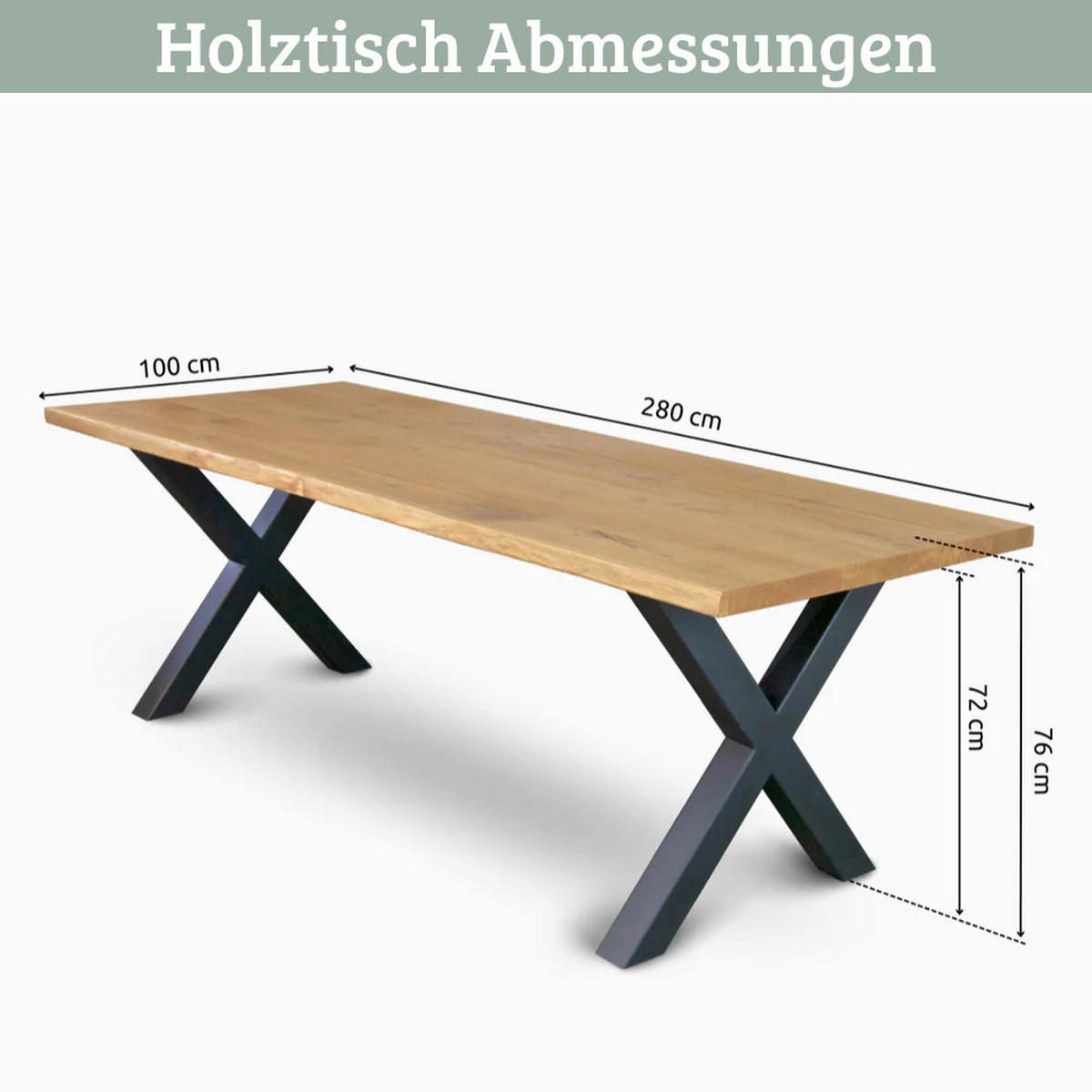 ESSTISCH Massivholz mit Baumkante RAGNAR 280x100 cm Eichenholz X-Hora Gestell - Braun, Holz/Metall (100/280/76cm) - DELUKE