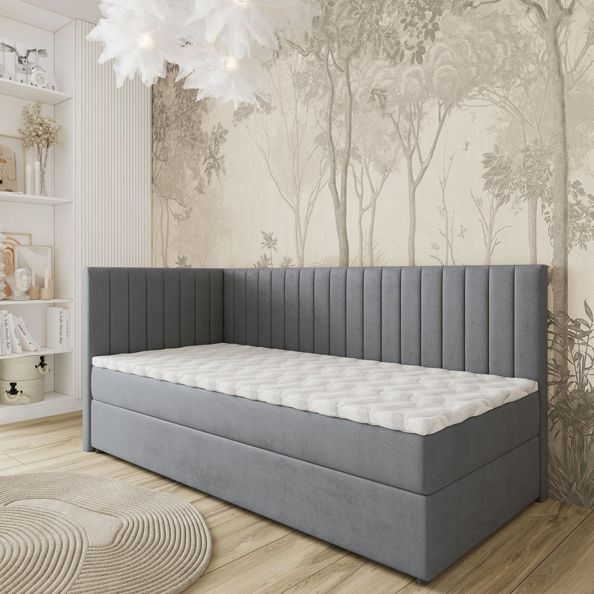 BOXBETT ARIS 80x200 cm mit Matratze und Topper, H2+H3 - Grau - Grau, Holz (80/200cm) - MASSENO